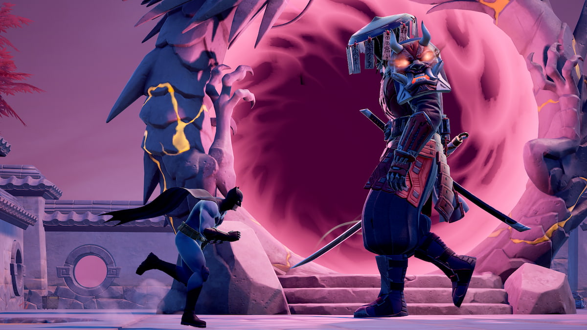 Batman running by Shogun X in front of a swirling pink portal in Fortnite.